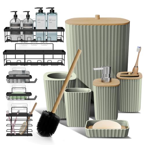 Clara Clark Bathroom Set - Sage Green Bathroom Accessories Set, 6PC Bathroom Accessory Set, Bathroom Sets with Adhesive Corner Shower Caddy Hanging, Toilet Brush, Trash Can & Soap Dispenser - color: Sage Green, size: Complete Set + Shower Caddy
