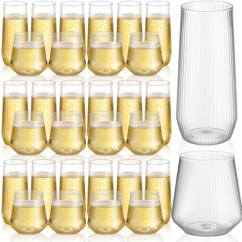 Remerry 48 Pack Stemless Plastic Wine Glasses 9 oz & 12 oz Disposable Champagne Flutes Cups Shatterproof Toasting Cocktail Glasses for Weddings, Bars, Events(Clear Ripple) - style: Clear Ripple