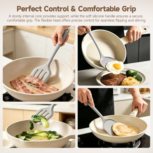 2-Pack Silicone Spatula Set, Heat Resistant Spatulas for Baking & Mixing, BPA-Free Solid & Slotted Turner for Non-Stick Pans, Kitchen Utensils for Scraping, Sauteing and Flipping (Light Gray) - color: Light Gray