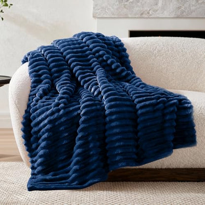 Nookly Navy Twin Size Fleece Blanket, Soft Lightweight Ribbed Plush Bed Blanket, Cozy All-Season Striped Fleece Twin Throw for Bedroom and Home, 60x80 Inches - color: Navy, size: Twin(60"x80")