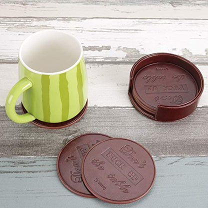 Funny Coasters, Thipoten 6 Pcs Leather Coasters with Holder, Perfect Housewarming Hostess Gifts, Protect Furniture from Water Marks Scratch and Damage(6Pcs, Coffee) - color: Coffee