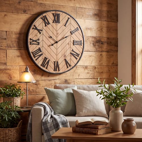 Kenning Farmhouse Wall Clock for Living Room Decor, Rustic 24'' Wall Clock | Large Decorative Wall Clock with Brown Wooden Face & Black Metal Frame, Silent Battery Operated for Kitchen Bedroom Entryway - size: 24 Inch