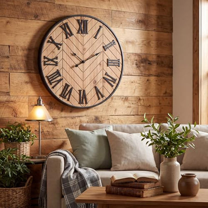 Kenning Farmhouse Wall Clock for Living Room Decor, Rustic 24'' Wall Clock | Large Decorative Wall Clock with Brown Wooden Face & Black Metal Frame, Silent Battery Operated for Kitchen Bedroom Entryway - size: 24 Inch