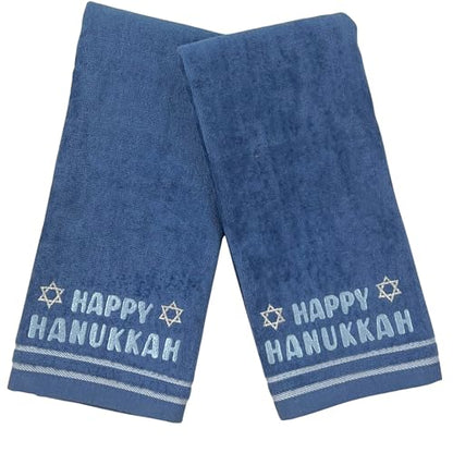Hanukkah Bathroom Hand Towels – Set of 2 Blue 100% Cotton Embroidered “Happy Hanukkah” with Star of David Design – 25 x 16” Decorative Bath & Kitchen Towels - color: Hannukah