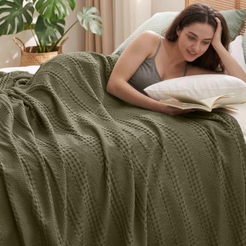 PHF Cooling Waffle Blanket Queen Size, Lightweight 60% Rayon from Bamboo & 40% Cotton Breathable Blanket for Hot Sleepers, Summer Use, Soft Luxury for Bed Couch Sofa, 90"x90", Burnt Olive - color: Burnt Olive, size: Queen(90 " X 90")