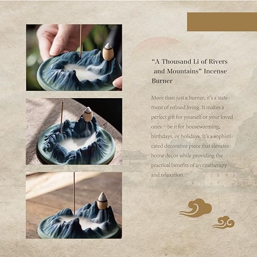 Backflow Incense Burner - A Thousand Li of Rivers and Mountains Ceramic Holder for Cones and Sticks, Waterfall Smoke Aromatherapy Decor for Meditation, Yoga, Home Office