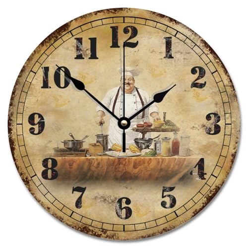 Kitchen Chef 10 Inch Round Wall Clocks Battery Operated Chef and Vegetables Wall Clock Non-Ticking Easy to Read Rustic Home Decor for Kitchen Living Room Bedroom Classroom - color: Style-3, size: 10x10 in