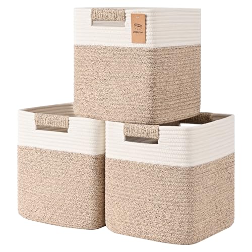11 Inch Storage Cubes, 3 Pack Cube Storage Bins for Organizing, Cotton Rope Woven Baskets for Shelves, Bathroom, Kids Room, Closets, Baby Nursery - color: Jute & White, size: 11"×11"×11" - 3Pcs