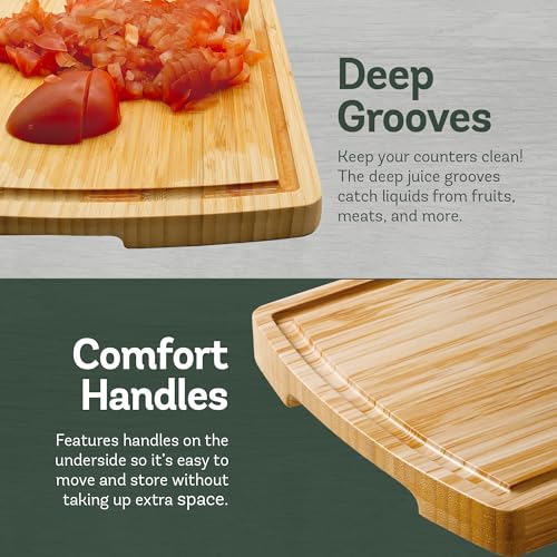 Bamboo Cutting Boards for Kitchen, Non Toxic Wooden Chopping Board Meat Set | Deep Juice Groove, Knife-Friendly, Reversible Butcher Block, Side Handles, Serving, Food Prep, Vegetable, Fruit, Meat, Cheese - size: 3-Piece