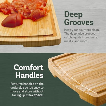 Bamboo Cutting Boards for Kitchen, Non Toxic Wooden Chopping Board Meat Set | Deep Juice Groove, Knife-Friendly, Reversible Butcher Block, Side Handles, Serving, Food Prep, Vegetable, Fruit, Meat, Cheese - size: 3-Piece