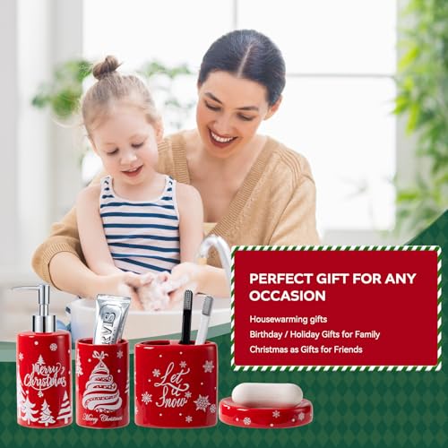 Christmas Bathroom Accessories Set, 4-Piece Ceramic Bathroom Accessory Set Include Lotion Dispenser, Toothbrush Holder Tumbler, and Soap Dish (Red) - color: Red