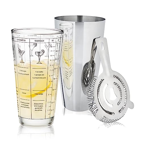 True 3-Piece Barware Set for Mixed Drinks and Cold Brew Cocktails, Includes Cocktail Shaker Tin, Cocktail Mixing Glass with 7 Printed Recipes, and Hawthorne Strainer, Home Bar Tools, Bartender Gifts - size: 3-Piece