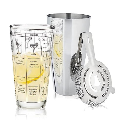 True 3-Piece Barware Set for Mixed Drinks and Cold Brew Cocktails, Includes Cocktail Shaker Tin, Cocktail Mixing Glass with 7 Printed Recipes, and Hawthorne Strainer, Home Bar Tools, Bartender Gifts - size: 3-Piece