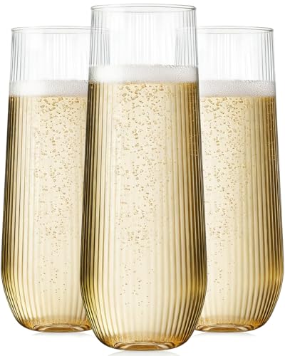 24 Pack Plastic Champagne Flutes, 9 Oz Disposable Wine Mimosa Glasses | Ribbed Stemless Champagne Flutes Cocktail Glasses, Plastic Cups for Bridal Shower Bachelorette Party Mimosa Bar - color: Ripple-24 Pack