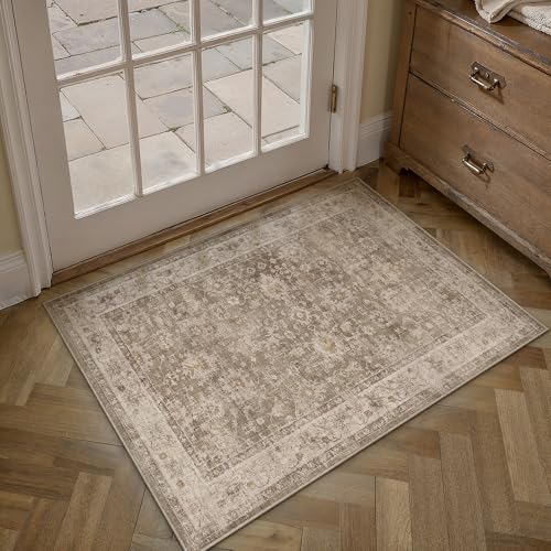 2x3 Taupe Retro Distressed Washable Area Rug for Entryway | Low Pile, Non Slip, Vintage Distressed, Soft Indoor Rug for Entryway, Kitchen, Bathroom, Door Mat, Home Decor - color: A| Taupe, size: 2' x 3' (Rectangular)