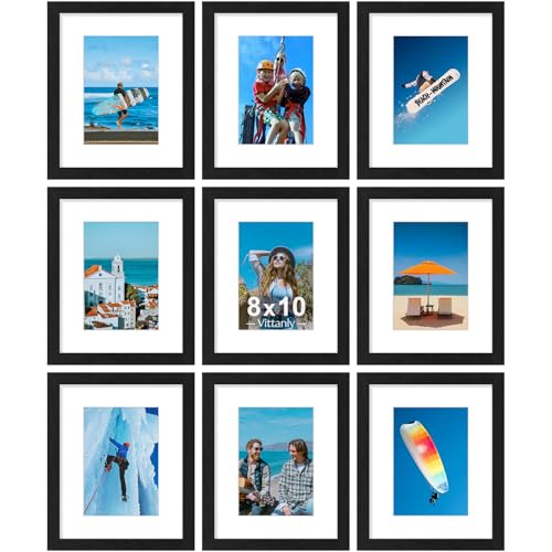 Vittanly 8x10 Picture Frames Set of 9 for Wall or Tabletop Display, Black | Display Pictures 5x7 with Mat or 8x10 without Mat, Small Photo Frames, Engineered Wood with Shatter Resistant Plexiglass - color: Black, size: 8x10