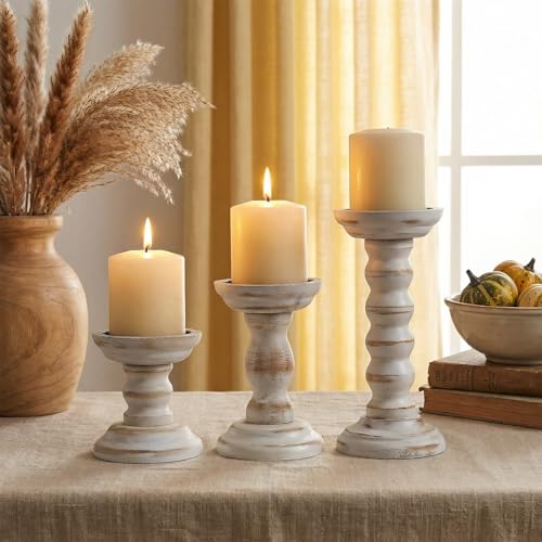 3 Pcs Wood Pillar Candle Holder Rustic White Candle Holder Set of 3 Tall Table Centerpiece Decor Wooden White Farmhouse Decorations for Fireplace Mantle