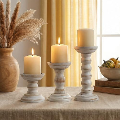 3 Pcs Wood Pillar Candle Holder Rustic White Candle Holder Set of 3 Tall Table Centerpiece Decor Wooden White Farmhouse Decorations for Fireplace Mantle