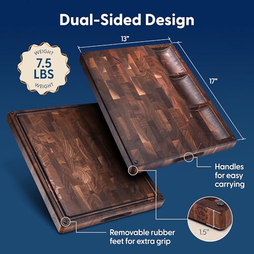 Sonder Los Angeles Alfred Cutting Board, End Grain Walnut, 17x13x1.5 in | Made in USA, Non-toxic, Non-Slip Feet, Juice Groove & Sorting Compartments, Built-in Handles, Gift Box Included, 7.5 lbs - color: Alfred | Black Walnut | End Grain