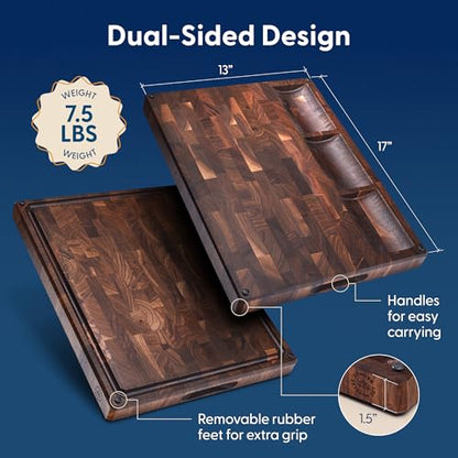 Sonder Los Angeles Alfred Cutting Board, End Grain Walnut, 17x13x1.5 in | Made in USA, Non-toxic, Non-Slip Feet, Juice Groove & Sorting Compartments, Built-in Handles, Gift Box Included, 7.5 lbs - color: Alfred | Black Walnut | End Grain