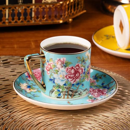KAMMAK Tea Cup and Saucer, Ceramic Coffee Cups, 7.5 oz, Set of 2 | Porcelain Tea Cups with Saucers for Coffee and Cappuccino, Ideal for Breakfast, Afternoon Tea and Entertaining,633+634N - style: 633N+634N