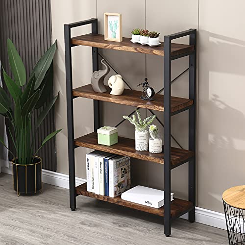 Solid Wood Bookshelf,4 Tier Rustic Vintage Industrial Etagere Bookcase, Open Metal and Wood Vintage Book Shelf, Retro Brown (RealWood)(4-Tier) - size: 4-Tiers-RealWood