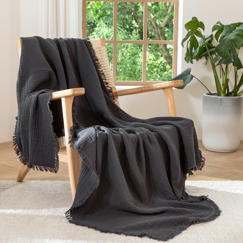 MooMee 100% Cotton Muslin Blanket, Fringed 4-Layer Gauze Bed Couch Throw | Soft Breathable Lightweight Thin Coverlet Summer Blankets for Adults, Bed & Couch All Seasons, Dark Grey, 50" x 70" - color: Dark Grey, size: Throw XL
