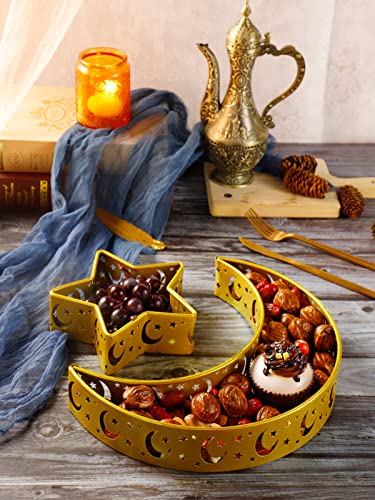 2PCS Ramadan Serving Trays Decorations for Home - Moon Star Shaped Eid Mubarak Table Decor Gifts, Islam Muslim Al-Fitr Iftar Party Crescent Iron Platters Dishes(Moon/Star Pattern) - style: Moon Star