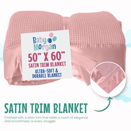 Thermal Waffle Knit Throw Blanket Satin Trim Pink 50"x60" | Adult throw blanket with soft lightweight waffle knit design, satin trim & breathable layer for couch, bed & living room use. - color: Pink - Satin Trim