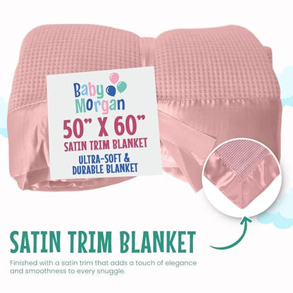 Thermal Waffle Knit Throw Blanket Satin Trim Pink 50"x60" | Adult throw blanket with soft lightweight waffle knit design, satin trim & breathable layer for couch, bed & living room use. - color: Pink - Satin Trim