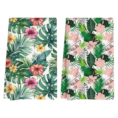 Summer Flower Kitchen Towels, Summer Kitchen Bathroom Decor, Housewarming Gifts, Monstera Leaf Waffle Decorative Dish Hand Towel for Holiday Bathroom Home Bar Baking Set of 2 14x24 Inch - color: Flower-6