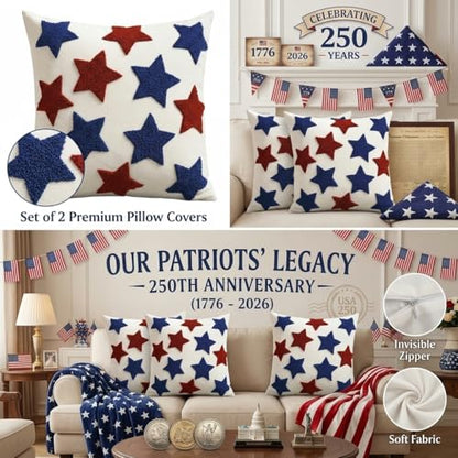 4th of July Patriotic Pillow Covers with Red Blue Stars Embroidered | Pillow Covers 18x18 Independence Day Decor | Tufted Patterned Linen Cushion Case for Couch Sofa
