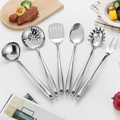 304 Stainless Steel Kitchen Utensils Set, 6 Pcs Long Metal Cooking Utensil with Spatula, Solid Spoon, Ladle, Skimmer, Spaghetti Spoon, Meat Fork, Dishwasher Safe - size: 6PCS-Silver-Style A