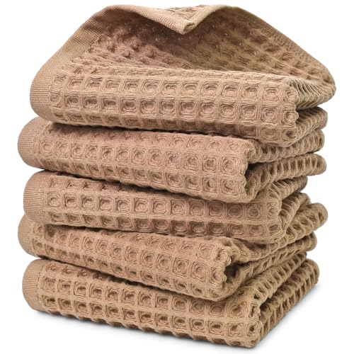 Jacquotha Waffle Bathroom Hand Towels 5-Piece (Tan) | Cotton, Soft, Lightweight, Lint Free, 13” x 29” - color: Tan