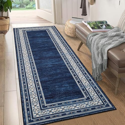 Modern Washable Runner Rug 2x6 Non Slip Bordered Solid Area Rugs, Washable Kitchen Mats Bedside Rug, Stain Resistant Soft Bathroom Carpet, Foldable Runners for Hallways, Entryways, Blue | Non Slip Non Shedding Stain Resistant Neutral Textured Solid Foldab
