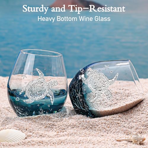 Physkoa Sea Turtle Stemless Wine Glasses-13.5oz Hand blown Stemless Wine Glasses set of 4 - Crackle teal design turtle wine glasses-Sea turtle lovers Gifts for Birthday(White) - color: White（4 Count）