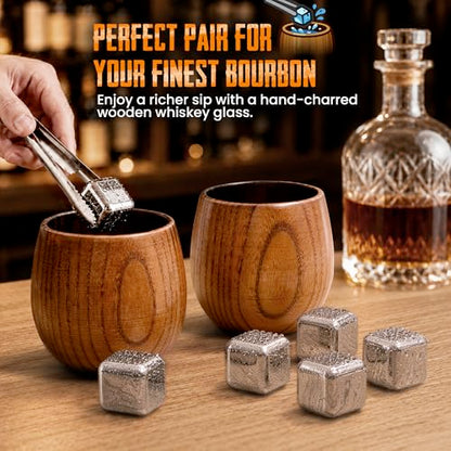 Charred Wooden Whiskey Glasses with Barrel Case(Patent Pending), Gifts for Men Old Fashion Bourbon Drinking Collins Cup, Fathers Day Gift for Dad, Husband, Brother, Boy Friend or Whiskey Lovers