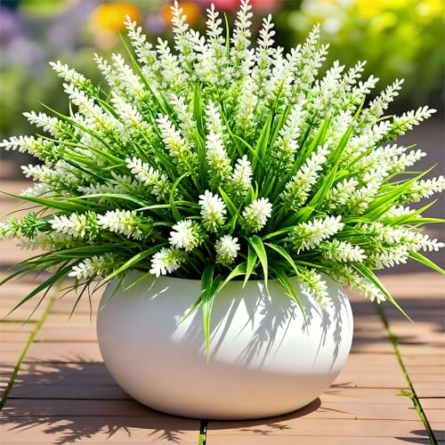Geegoods 24 Bundles White Artificial Plants Flowers Outdoor, UV Resistant | Faux Plants with Monkey Grass, Realistic Plastic Flowers for Garden Porch Window Box Patio Hanging Planter Decor - color: White, size: 24PCS