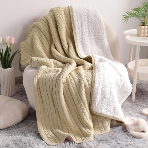 NTBAY Twin Cotton Cable Knit Sherpa Blanket, 60 x 80, Khaki | Cotton Cable Knit Front with Warm Sherpa Reverse, 60 x 80 Inch Twin Blanket for Bed, Sofa, and Cold-Weather Layering - color: Khaki