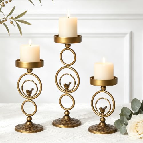 Antique Gold Candle Holders for Pillar Candles Set of 3,Brass Cast Iron Candle Holder with Bird Statue,Metal Vintage Decorative Candle Stand for Dining Table Centerpiece,Fireplace