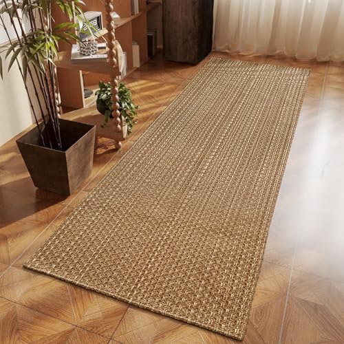 Tan Brown Faux Jute Runner Rug 2x6 ft,Braided Rubber Backed Hallway Rug | Non Slip Washable Neutral Runner Mat for Entryway,Kitchen,Bathroom and Indoor hallway - size: 2' x 6' (Rectangular)