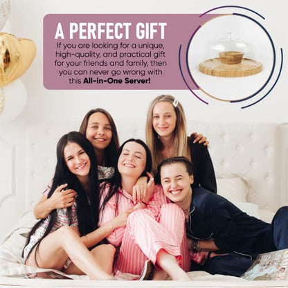 CHEF'S UNIQUE 6-in-1 Bamboo Cake Stand with Dome – Multifunctional Serving Platter, Punch Bowl, Salad Bowl, Chip & Dip Tray, Dessert Display with Clear Acrylic Cover