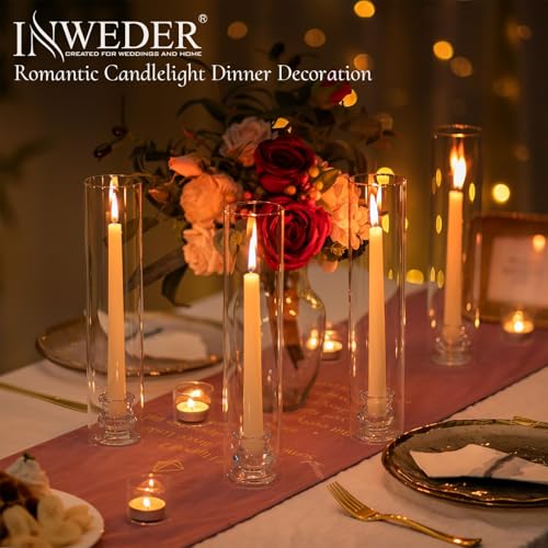 Hurricane Glass Candle Holders: 12" Tall Cylinder Cover Set of 6 | for 0.87" Taper, Windproof Chimney Cover, Clear Candlestick Holder for Wedding Table Centerpiece, Party, Birthday, Christmas - size: 12" H - 6 Pcs