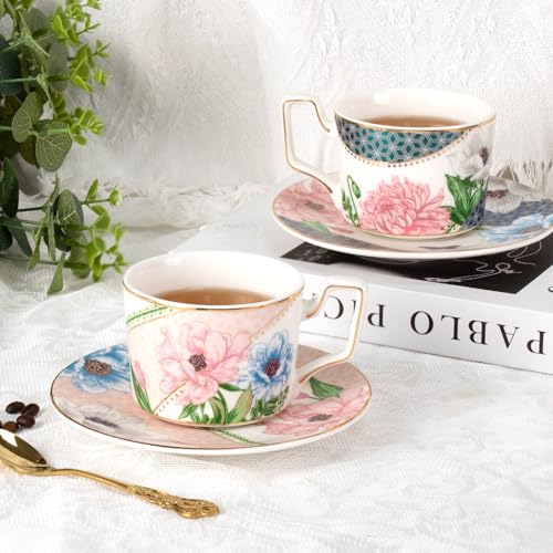 KAMMAK Tea Cups and Saucers Set of 2, Porcelain Coffee Cups, NX045 | Gold Rim, Stackable Espresso Mugs, Ceramic Demitasse for Coffee, Latte, Americano, Afternoon Tea, Elegant Gift for Women - size: 8CZNX045+46