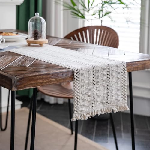 Macrame Table Runner Cream Beige Boho Table Runners with Tassels Hand Woven Cotton Table Runner Rustic Farmhouse Table Runners for Bohemian Kitchen Dining Table(12x36in) - size: 12"Wx36"L