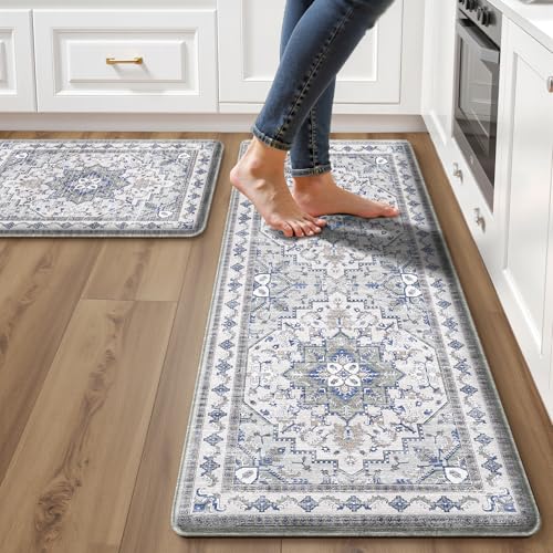 Boho Kitchen Mats for Floor 2 Piece Set Anti Fatigue Cushioned PVC Kitchen Rugs Non Slip Waterproof Farmhouse Mats 2/5 Inch Comfort Standing Mat for Sink, Laundry, 17.3"x59"+17.3"x28", Blue Grey - color: Blue Grey, size: 17.3"x28"+17.3"x59"