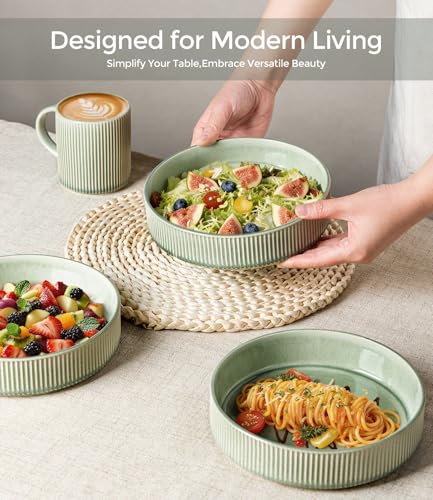 GBhome 7.5 Inch Pasta Bowls Set of 4, Ceramic Salad Bowls, Light Green | Double Reactive Glaze Bowls for Pasta, Noodles & Fruit, Scratch Resistant, Microwave & Dishwasher Safe - color: Light Green, size: Set of 4