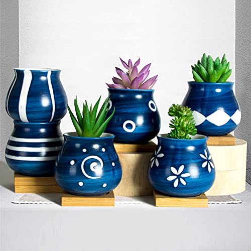 Cute Succulent Pots with Drainage Bamboo Tray - 3" Succulent Planters with Drainage Hole Ceramic Planter Tiny Pots for Indoor Small Plants, Small pots for Succulents Cactus Container Set of 6 - color: Blue-6pcs