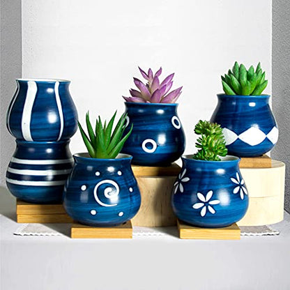 Cute Succulent Pots with Drainage Bamboo Tray - 3" Succulent Planters with Drainage Hole Ceramic Planter Tiny Pots for Indoor Small Plants, Small pots for Succulents Cactus Container Set of 6 - color: Blue-6pcs