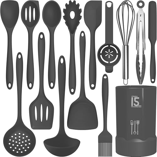 AOTHOD Silicone Cooking Utensils Set - 446°F Heat Resistant Kitchen Utensils,Spatula Sets,Turner Tongs,Spoon,Kitchen Utensil Gadgets Tools Set for Nonstick Cookware,Dishwasher Safe BPA Free (Gray) - color: Gray